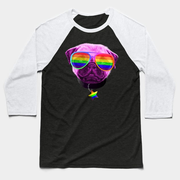 Gay Pride Pug LGBT Dog Rainbow Sunglasses Baseball T-Shirt by brodyquixote